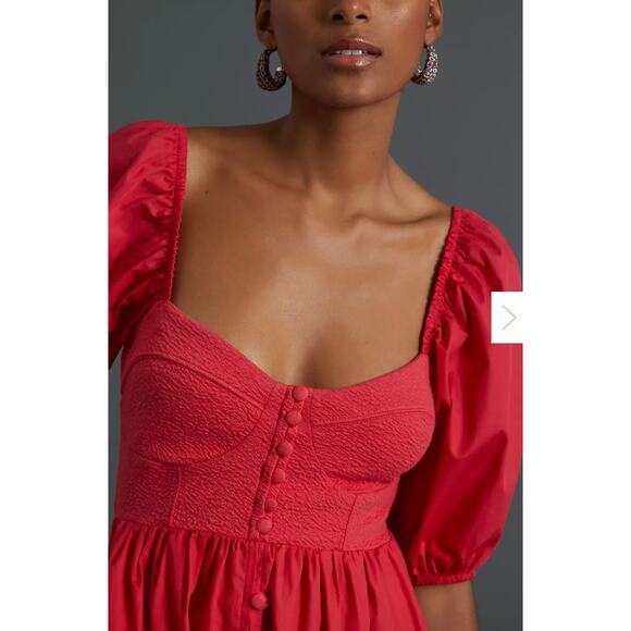 Anthropologie Maeve Puff-Sleeved Sweetheart Mini Dress in Red - Picture 3 of 8